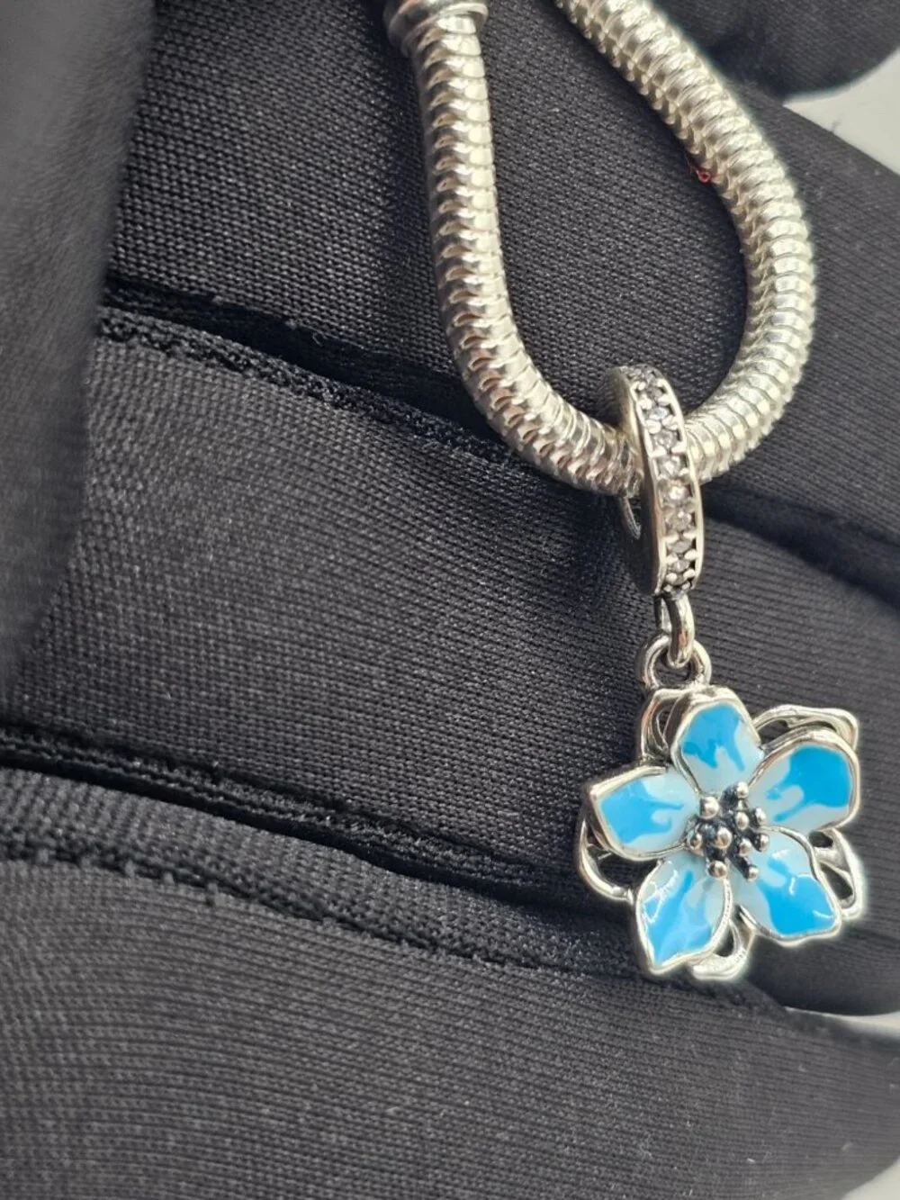Sterling Silver 925 Rhodium Plated CZ Dangling Blue Blossom Charm
